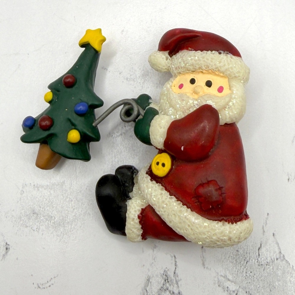 Vintage Style Santa Claus Christmas Tree Brooch Enamel Holiday Pin